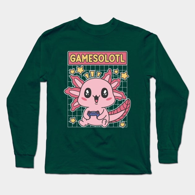 Gamesolotl Kawaii Baby Axolotl Playing Video Games Long Sleeve T-Shirt by Cuteness Klub